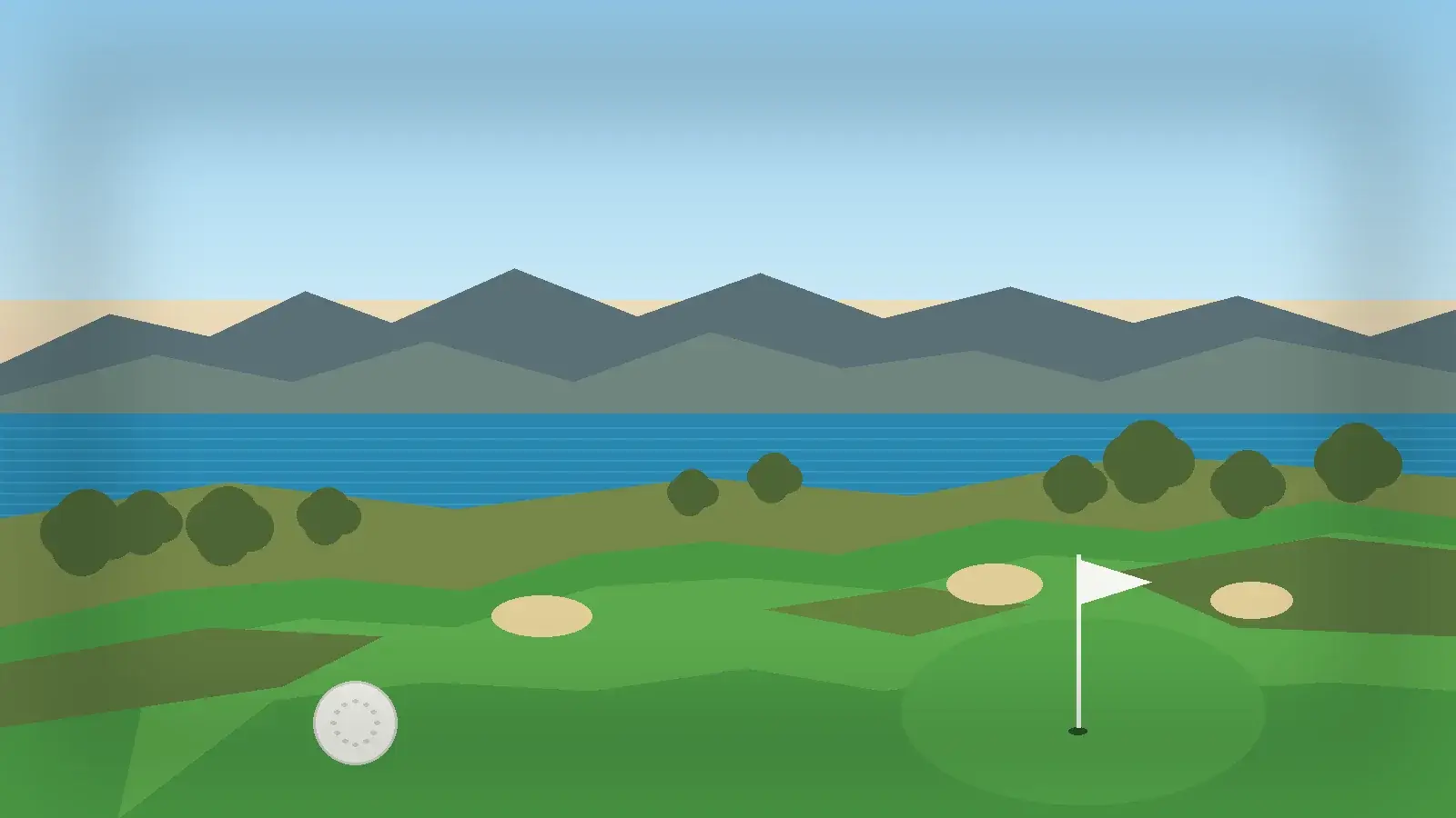 Golfmiljö med fairway, olivträd, berg och Medelhav – redaktionell illustration